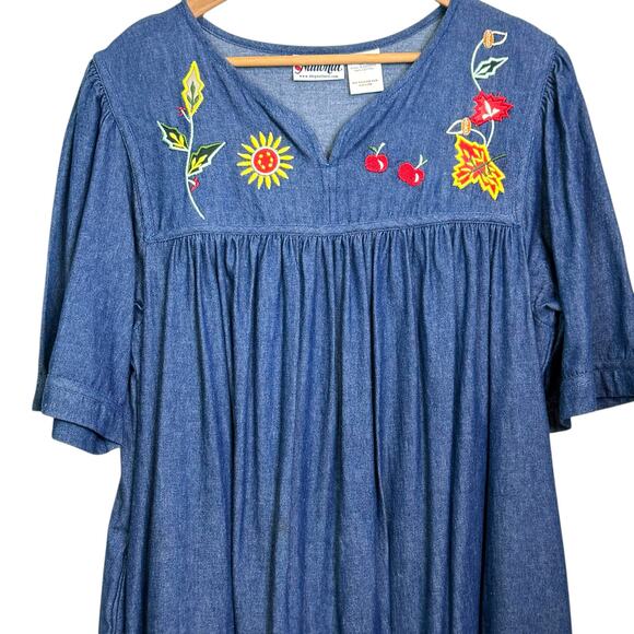 National Size Size Large 100% Cotton Denim Cherry Embroidered Mumu Kaftan - Picture 2 of 7